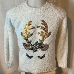 Elegant White Sweater with Sequin Antler Design NWOT